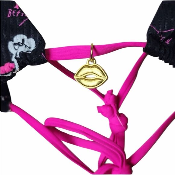 BETSEY JOHNSON 3 piece tie bikini Set Pink Black New - Picture 12 of 12
